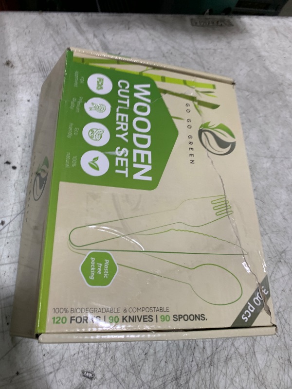 Photo 1 of 100% Compostable Cutlery Set - 300 Pieces Wooden Compostable Utensils [120 Forks, 90 Knives, 90 Spoons] - Disposable Wooden Cutlery, Eco Friendly Forks And Spoons Disposable Cutlery Set Party Utensils