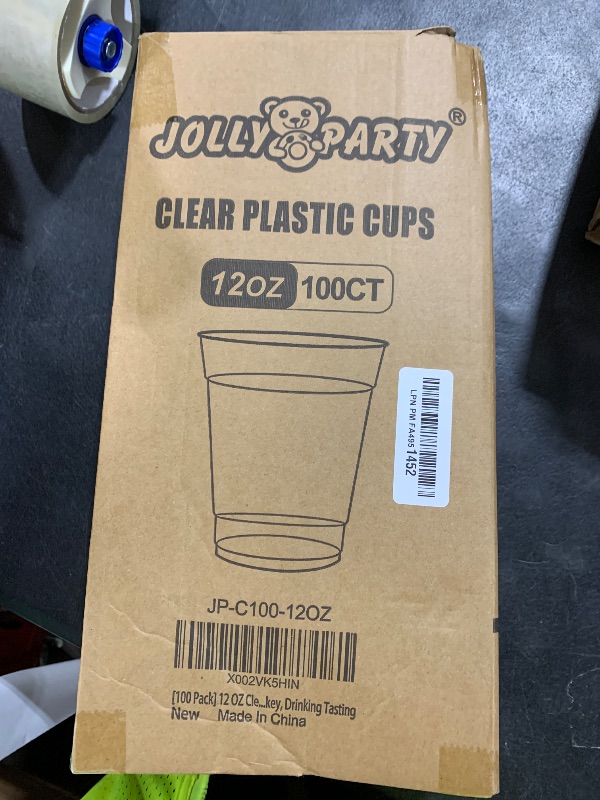 Photo 1 of 100 Pack 12 OZ Clear Plastic Cups, Cold Party Drinking Cups, Clear Disposable Cups Fruit/Ice Cream/Cupcake/Iced Cold Drinks