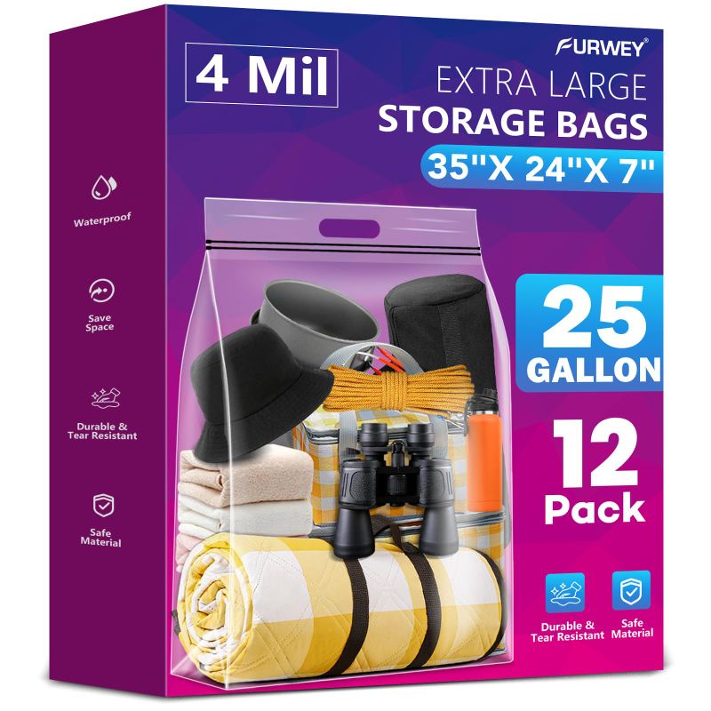 Photo 1 of FURWEY 25 Gallon Extra Large Storage Bags 35”x 24”Resealable Clear Bags with Handle 4 Mil Thick Heavy Duty Big Bag, Pack of 12