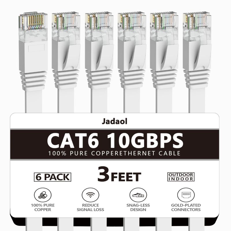 Photo 1 of Jadaol Cat 6 Ethernet Cable 3 ft 6Pack, Outdoor & Indoor, Flat High Speed 10Gbps Patch LAN Cord, Support Cat8/7 Network, Short Ethernet Cable for Router, Modem, Switch, PC, Laptop, Gaming Console, White