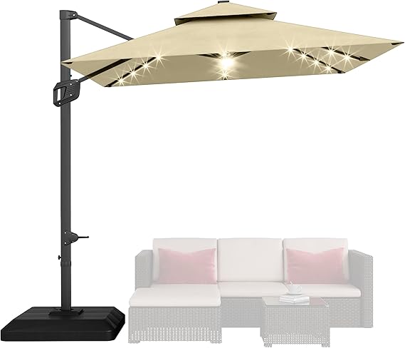 Photo 1 of GarveeLife 10' x 10' Heavy Duty Cantilever Patio Umbrella with LED Lights & Weighted Base
