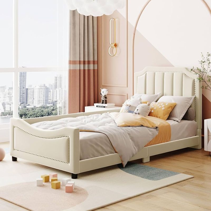 Photo 1 of Twin Size Upholstered Bed with Belgrave Headboard, Low Platform Bed Frame with Rails, Kids Velvet Daybed with Slats Support for Girls Boys Teens, Beige