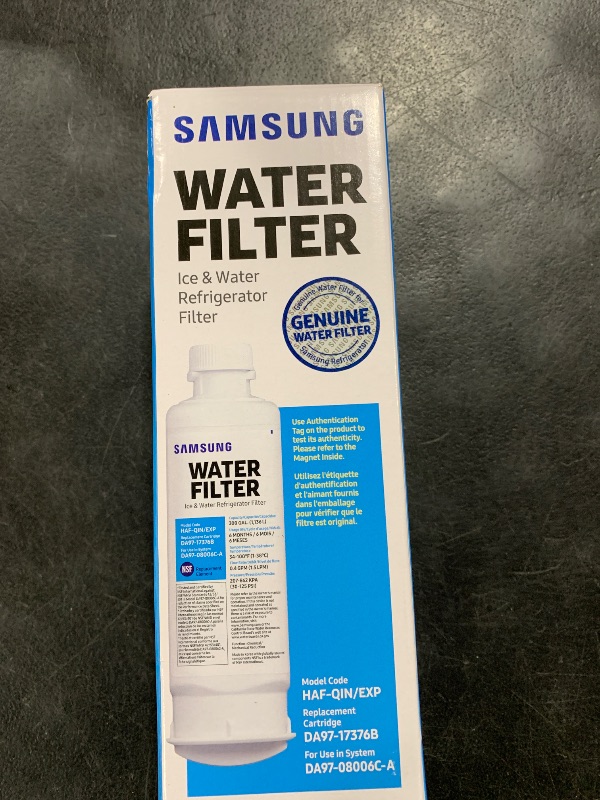 Photo 1 of SAMSUNG Genuine Filter for Refrigerator Water and Ice, Carbon Block Filtration, Reduces 99% of Harmful Contaminants for Clean, Clear Drinking Water, 6-Month Life, HAF-QIN/EXP, 1 Pack