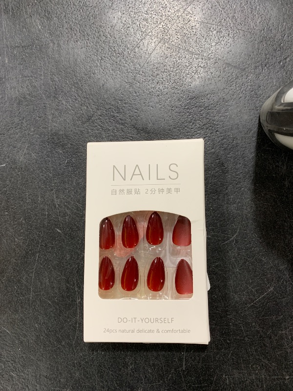 Photo 1 of Helenfinz Press on Nails Almond Short, Burgundy Fake Nail with Solid Color Design, Reusable Stick on Nails for Women - Full Cover | 30 Pcs in 15 Sizes