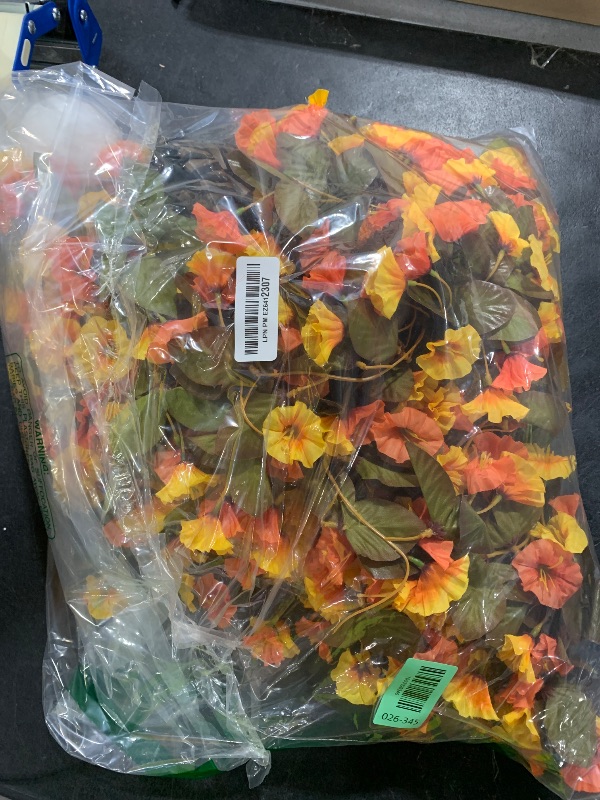 Photo 1 of Artificial Fall Fake Hanging Flowers Plants Basket for Outdoor Autumn Decoration, Faux Silk Morning Glory Long Stems Vines Realistic UV Resistant for Outside Home Porch Garden (Fall Orange+Yellow)