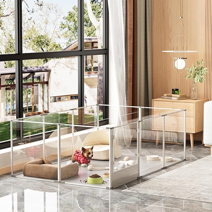 Photo 1 of *CHECK NOTES** Dog Clear Playpen Fence Kennel: 10Panels Indoor Transparent Whelping Box Pen Cage with Waterproof whelping pad - Extra Long Acrylic Exercise Kennel with Metal Frame for Cats Puppy Rabbits Guinea Pig