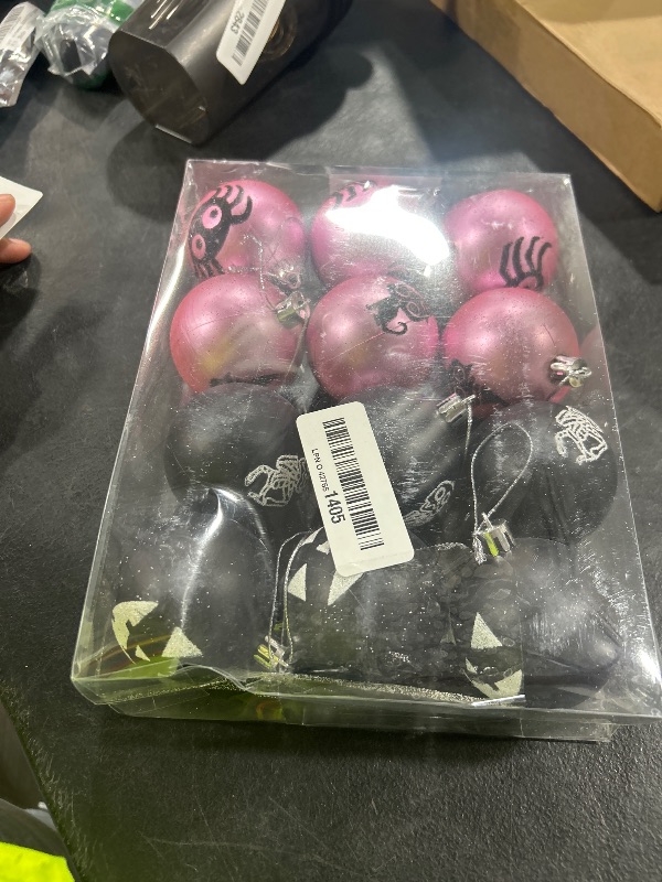 Photo 1 of RAYNAG 12 Pieces Halloween Ball Ornaments Halloween Tree Hanging Ornament Pink Black Shatterproof Balls Glitter Hanging Decorations for Holiday Party Decor Home Haunted House Christmas, 2.3 Inch