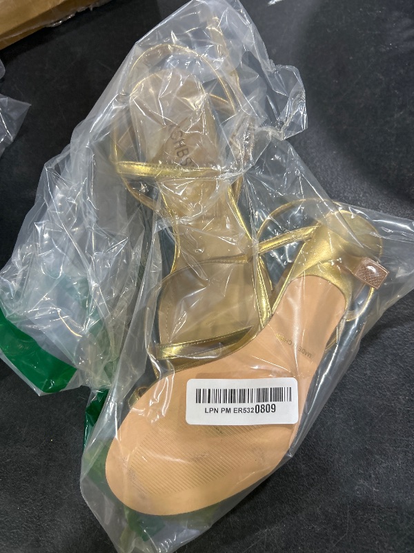 Photo 1 of SLXCHBSL Women's Heels Round Open Toe Strappy Sandals Adjustable Ankle Strap Dress Shoes Kitten Heels for Party Wedding Gold 6.5