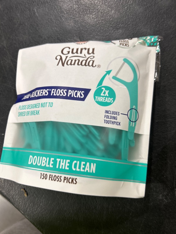 Photo 1 of GuruNanda Dual Slickers Floss Picks - Double Threaded Dyneema Dental Floss with Foldable Toothpick for Effective Plaque Removal - Unflavored- 150 Ct