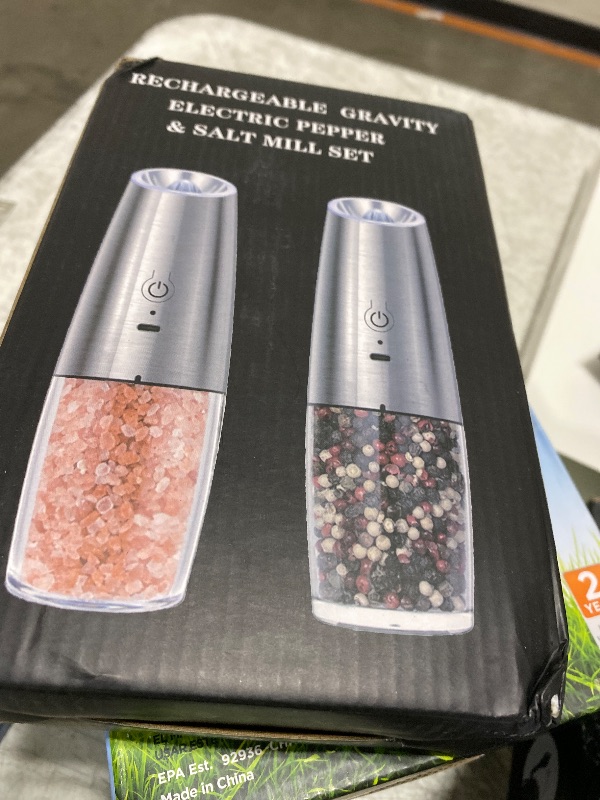 Photo 1 of UNNEES Rechargeable Electric Salt and Pepper Grinder set of 2, gravity electric salt and pepper grinder set, Adjustable Roughness, LED Light, 2 Pack, (Silver)
