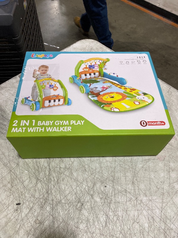 Photo 1 of Baby Gym Play Mat with Walker, 2 IN 1 Kick and Play Piano Activity Center with Light & Music, Tummy Time Mat & Baby Push Toys for 0-6 12-18 Months, Sit-to-Stand Learning Walker for Infant Toddler Gift