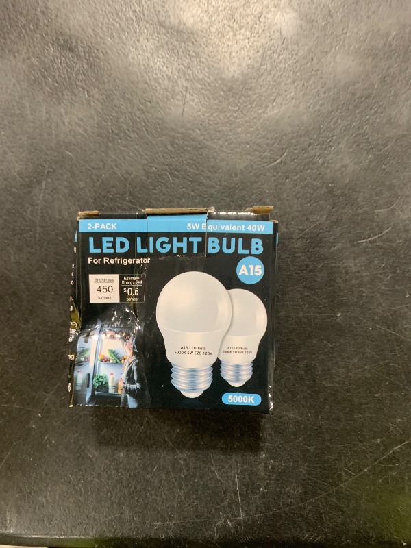Photo 1 of LOXYEE LED Refrigerator Light Bulb 2 Pack?Daylight White 5000K 120V 40W Equivalent Appliance Bulb?A15 5W E26 Base Waterproof Fridge Light Bulbs for Freezer Home Lighting,Small Light Bulb,Dimmable