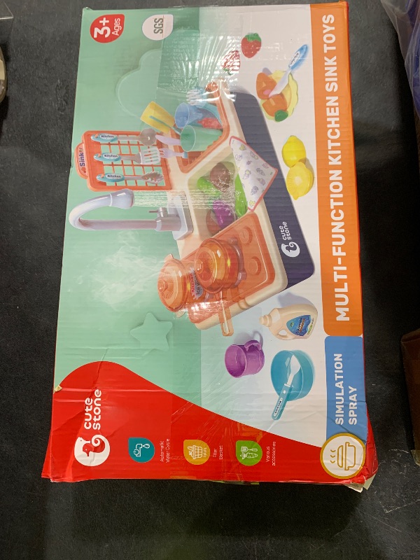 Photo 1 of CUTE STONE Pretend Play Kitchen Sink Toys with Play Cooking Stove, Pot and Pan with Spray Realistic Light and Sound, Dish Rack & Play Cutting Food, Utensils Tableware Accessories for Kids Toddlers