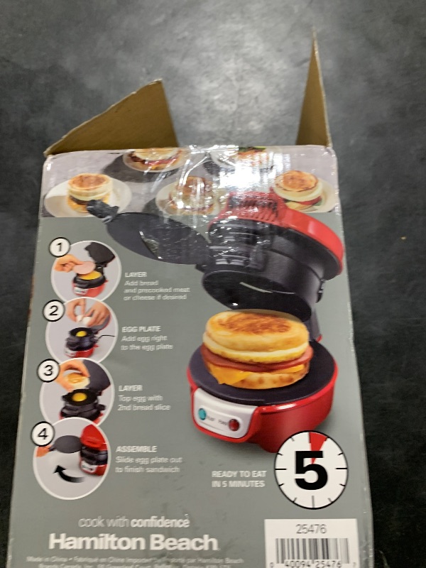 Photo 1 of Hamilton Beach Breakfast Sandwich Maker with Egg Cooker Ring, Customize Ingredients, Perfect for English Muffins, Croissants, Mini Waffles, Perfect White Elephant Gifts, Red (25476)