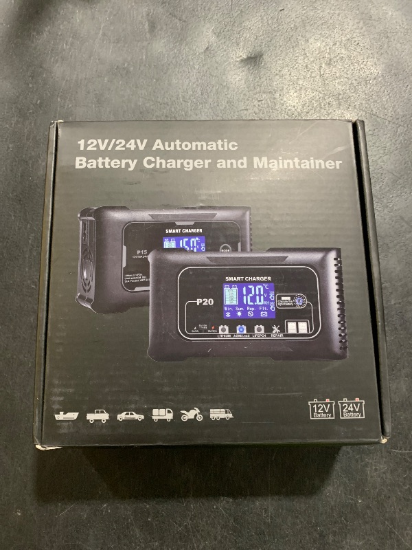 Photo 1 of 20-Amp Smart Battery Charger,Lithium,LiFePO4,Lead-Acid(AGM/Gel/SLA..) Car Battery Charger,Trickle Charger, Maintainer/deep Cycle Charger,12V/20A and 24V/10A,for Boat,Motorcycle,Lawn Mower,Golf cart..