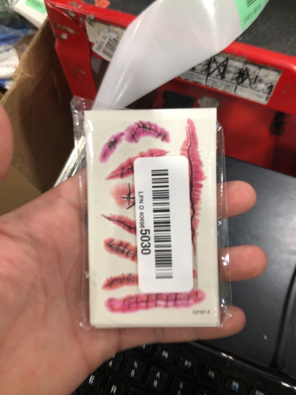 Photo 1 of 10 Sheets Halloween Zombie Scar Temporary Tattoos, Fake Bloody Wound Stitch Scab Body Face Waterproof Tattoo Stickers Masquerade Prank Makeup Props