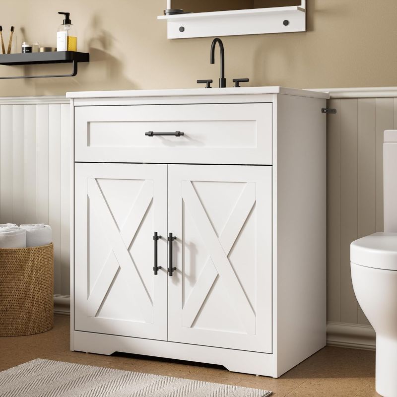 Photo 1 of Amada 30? Bathroom Vanity with Ceramic Sink, Farmhouse Undermount Vanity Sink Cabinet with 2 Doors and 1 Drawer, Free Standing Bathroom Storage Cabinet with Sink Combo Set, White