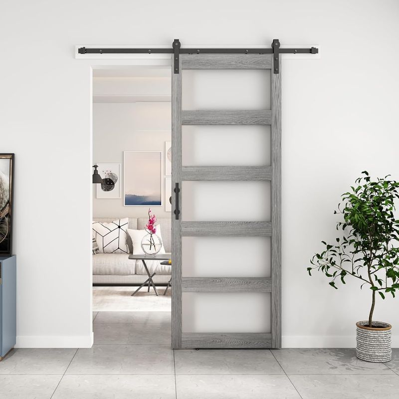 Photo 1 of BARNSMITH 36in x 96in Glass Barn Door and 6.6FT Sliding Door Hardware Included, 5-Panel Frosted Glass, Solid Wood Covered with Water-Proof PVC Surface, Easy Assembly, Grey
