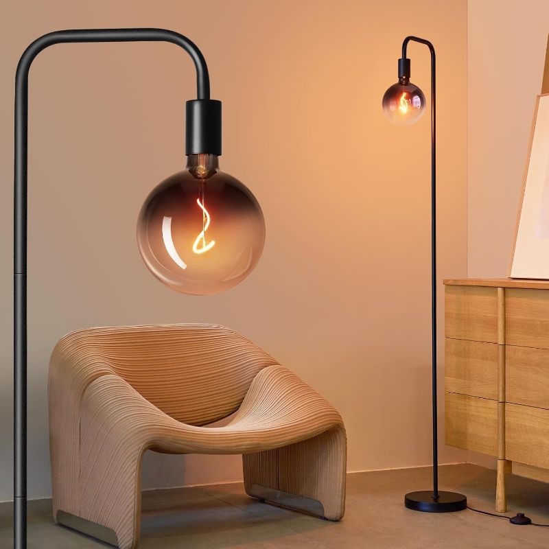 Photo 1 of ONEWISH Floor Lamp for Living Room - Minimalist Industrial Standing Lamp with Modern LED Bulb, Globe Black Clear Glass 6", 1800K Warm Ambiant Lighting Decorative Tall Floor Lamp for Bedroom Office