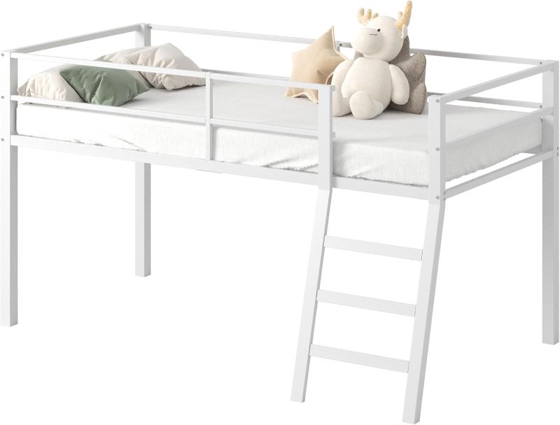 Photo 1 of Loft Bed Twin Size, Low Junior Metal Twin Loft Bed with Stairs and Safety Guard, Noise Free and Space Saving, White