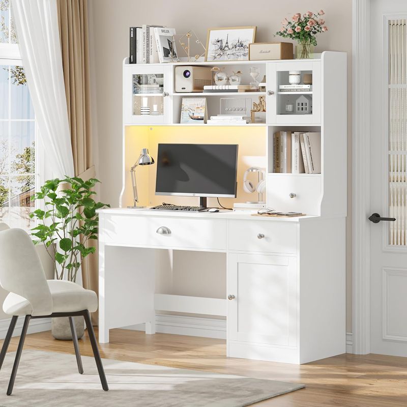 Photo 1 of FACBOTALL Computer Desk with Hutch and RGB Lights, 65" Office Desk with Power Outlet, Makeup Vanity with 3 Doors & 3 Drawers, White Executive Desks for Home, Work and Study