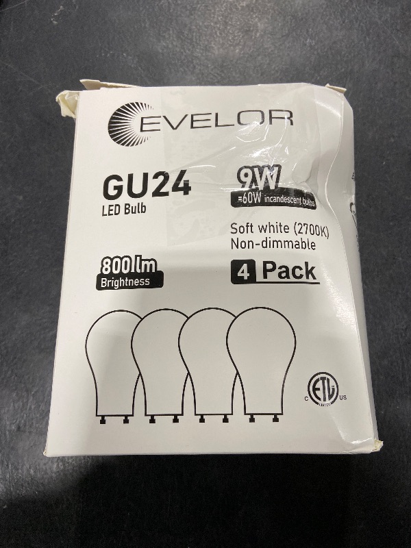 Photo 1 of evelor GU24 LED Light Bulb,60 Watt Equivalent Soft White 2700K,Non-Dimmable,Efficient 9W,800 Lumens Twist and Lock 2 Prong Light Bulbs,15000 Hours,Ideal for Kitchen,Living Room,Bedroom, 4-Pack