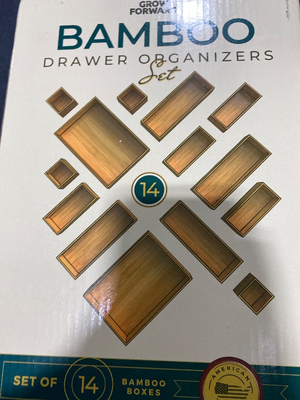 Photo 1 of Grow Forward Bamboo Drawer Organizer Boxes - Set of 14 Wooden Drawer Organizers for Kitchen, Bathroom, Office, Desk, Vanity, Makeup - Non-Slip Junk Drawer Organizer Trays for Storage and Organization