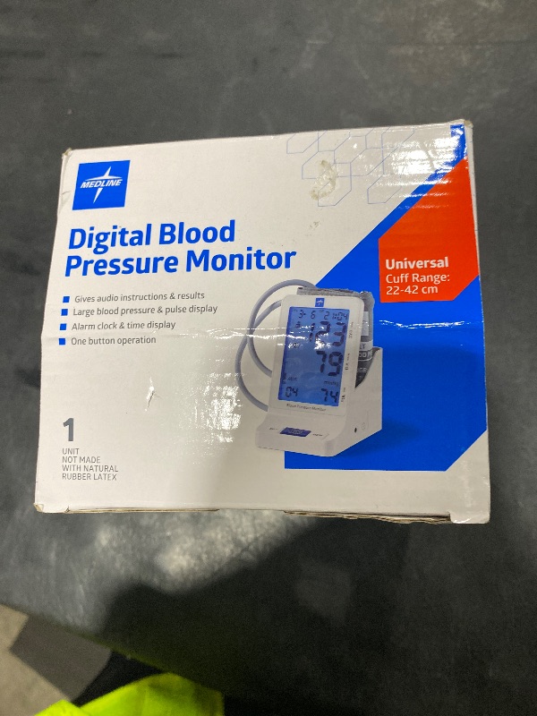 Photo 1 of Medline Elite Bedside Talking Automatic Digital Blood Pressure Monitor with Universal Upper Arm Cuff (fits arms 22-42 cm), AC Adapter and Batteries, Alarm and Extra Large Backlit Display