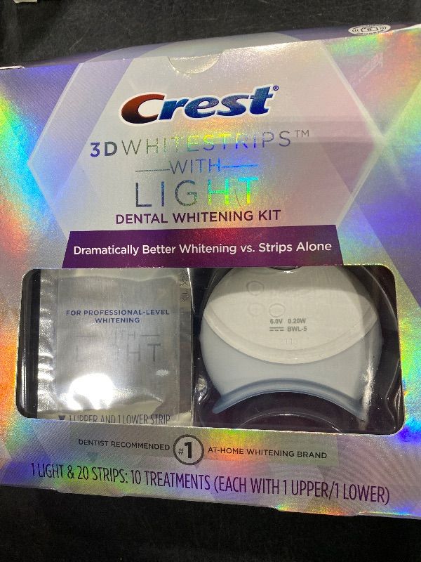 Photo 1 of Crest 3D Whitestrips + LED Light – Teeth Whitening Kit, 1 Light + 10 Treatments, Each with 1 Upper/1Lower, 20 Strips – Crest 3DWhite Teeth Whitening Strips