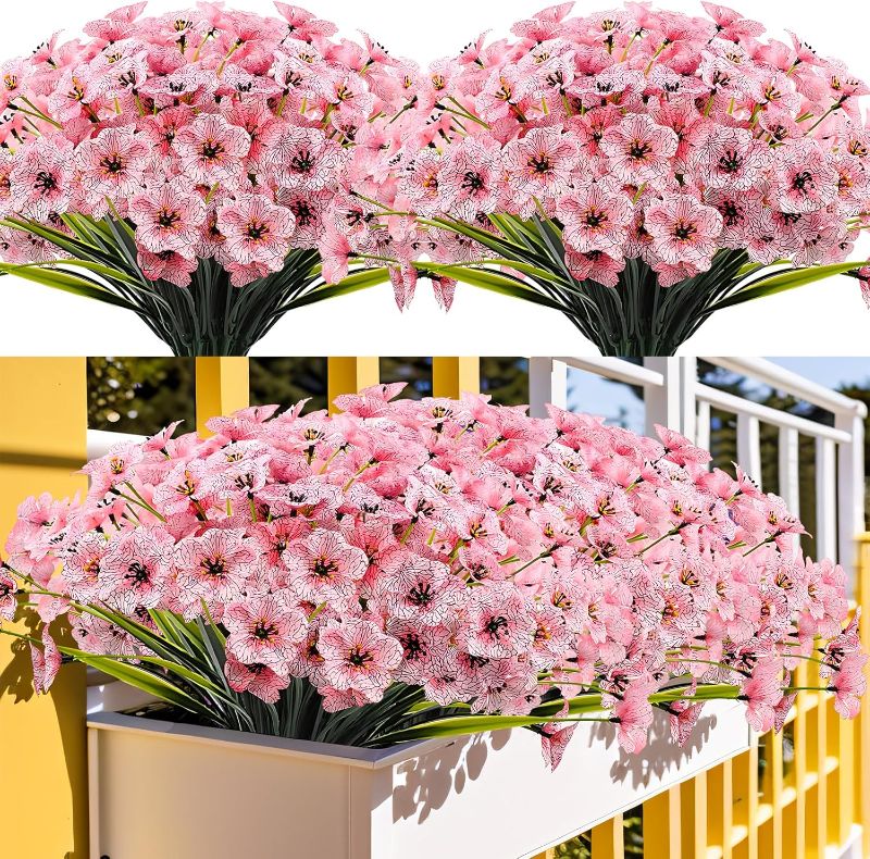 Photo 1 of 20 Bundles Artificial Flowers Outdoor UV Resistant Fake Pink Flowers Plants, Faux Silk Spring Summer Flowers No Fade Plastic Flowers for Outside Front Porch Planters Garden Window Box Decor
