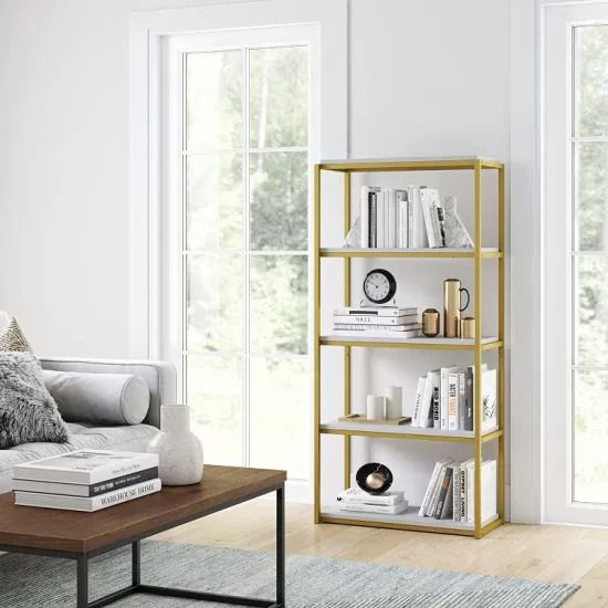 Photo 1 of Modern Gold and White 5-Shelf Bookcase with Metal Frame and Wood Storage