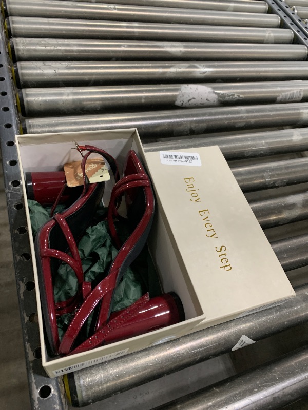 Photo 1 of RIBONGZ Burgundy Strappy High Heels Block Heeled Sandals for Women Square Open Toe Ankle Strap Chunky Heels Wedding Party Bridal Dress Shoes Size 7.5