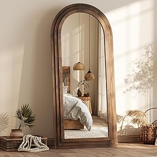 Photo 1 of PERFNIQUE Arched Full Length Mirror with Solid Wood Frame, 71"x32" Rustic Farmhouse Large Floor Mirror with Stand, Boho Style, for Bedroom, Living Room & Entryway (Walnut, 71" L x 32" W)