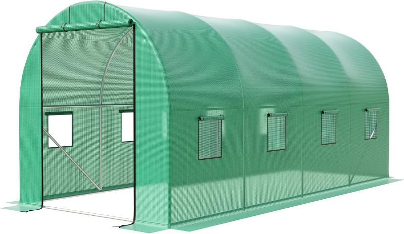 Photo 1 of 15x6.5x6.5 FT Heavy Duty Walk-in Tunnel Greenhouse Galvanized Steel Hoop House with Green PE Cover, Rolling Zipper Door & 8 Vent Windows for Outdoor Gardening, Plant Growth & Year-Round Use