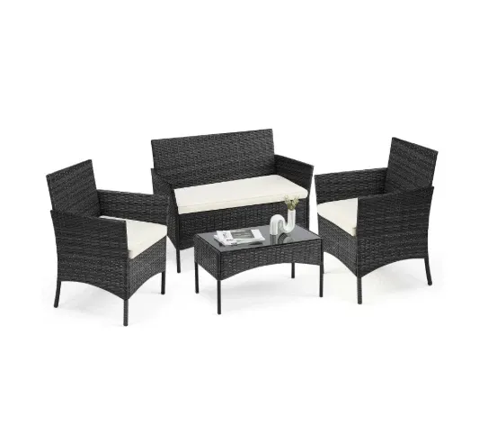 Photo 1 of 4-Piece Rattan Patio Furniture Set – Wicker Chairs & Glass-Top Table, Outdoor
