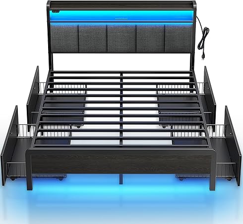 Photo 1 of Rolanstar Bed Frame Queen Size with Charging Station and LED Lights, Upholstered Storage Headboard with Drawers, Heavy Duty Metal Slats, No Box Spring Needed, Noise Free, Easy Assembly, Dark Grey
