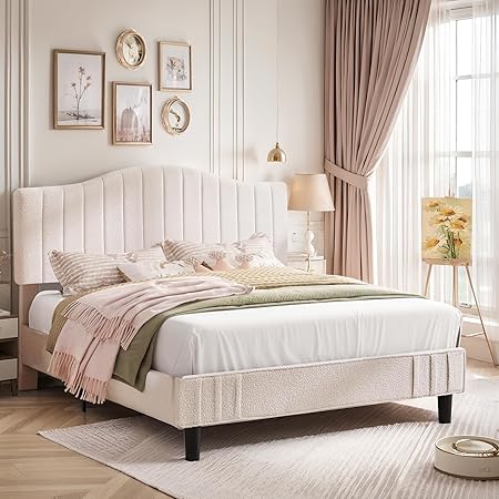Photo 1 of VECELO Queen Size Bed Frame Upholstered Platform Beds with Height-Adjustable Teddy Fabric Headboard, Strong Wood Slats 7.9'' Under Bed Storage Space Noise-Free No Box Spring Needed, Beige
