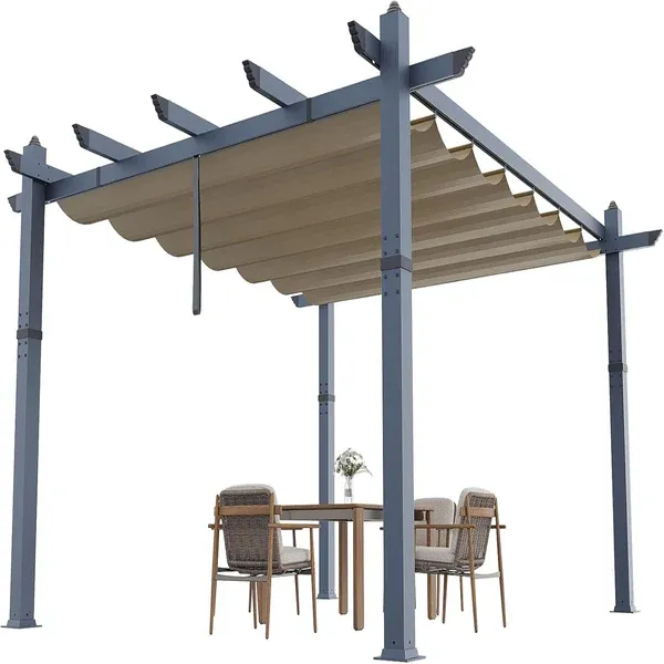 Photo 1 of Garvee 10x13 ft Aluminum Pergola with Retractable Canopy – UV & Waterproof, Rust-Resistant Metal Gazebo, 4-Side Anchored, Khaki for Backyard/Deck

