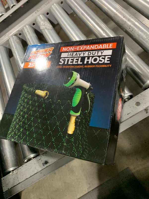 Photo 1 of PowerFlow Garden Hose, NON-EXPANDABLE 25 Feet Premium Quality Stainless Steel Metal Water Hose with Durable Fabric Skin, Hose For Commercial, Residential Use, Bonus 10-way Spray Nozzle (25 Ft, Black)