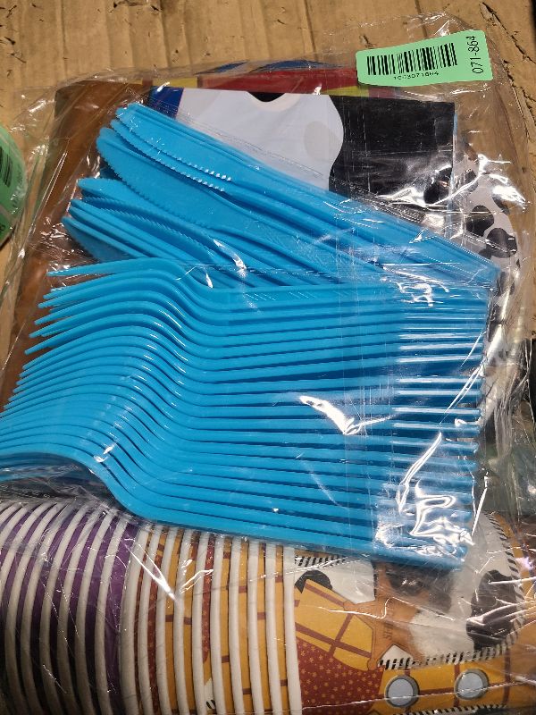 Photo 1 of 182PCS Toy Theme Party Supplies Cartoon Toy Theme Party Decorations Toy Theme Tableware Set Plates Napkins Cups Banners Tablecloths Forks Knives Holds 20 Guests