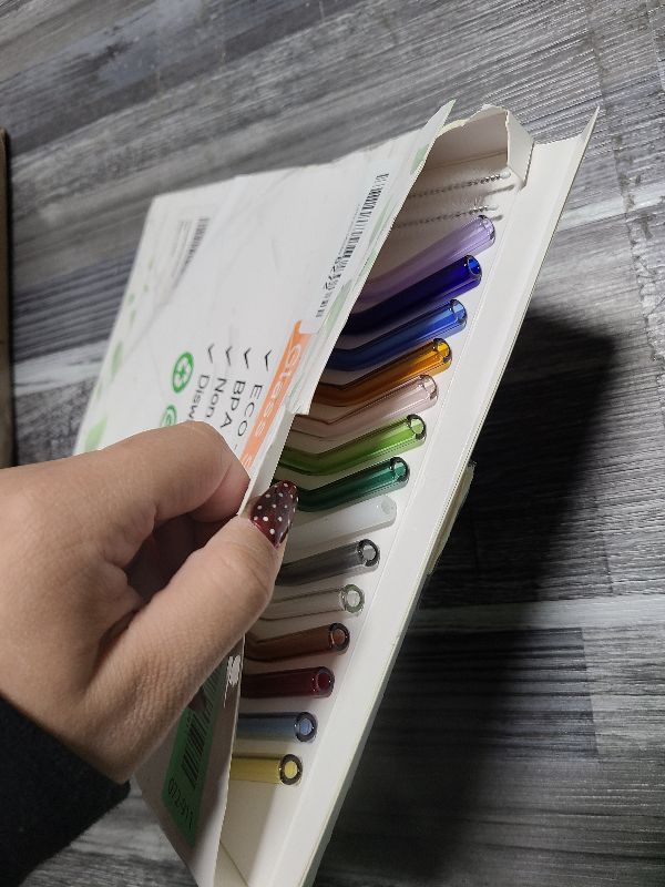 Photo 1 of 14 Pcs Reusable Bent Colorful Glass Straws,9''x8 mm Shatter Resistant Cute Drinking Straws with 2 Cleaner Brush for Coffee,Juice,Cocktail,Teas,Beverages