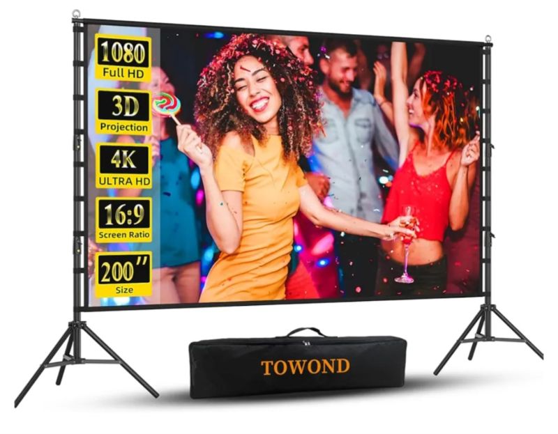 Photo 1 of Outdoor Projector Screen with Stand, TOWOND 200 Inch Portable Projection Screen - Dual-Sided 16:9 4K HD Movie Screen, Wrinkle-Free Design & Carry Bag for Backyard Cinema