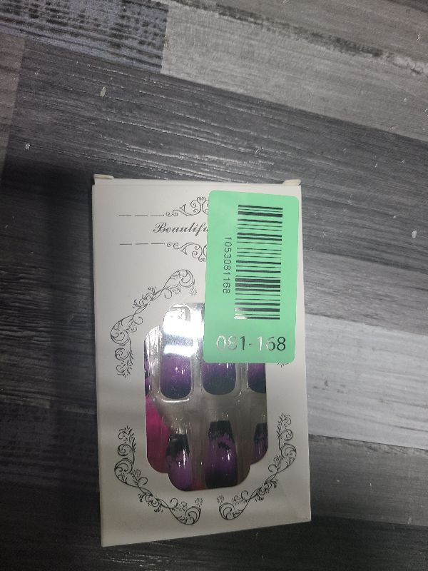 Photo 1 of 24Pcs Press on Nails - Evil Bat Purple Fake Nails Medium Square for Women Girls Glossy French Nails, Stiletto Fake Nails Reusable Acrylic Press on Nail Kits Stick Glue on Nail Tips for Party