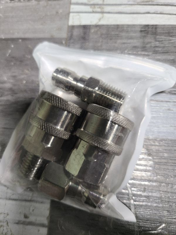 Photo 1 of 2 Sets NPT 1/4 Inch Pressure Washer Coupler Quick Connect Plug Stainless Steel Male and Female Quick Connect Fittings Pressure Washer Adapter Set (Internal Thread, External Thread)