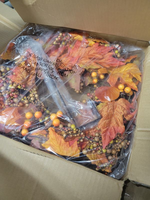 Photo 1 of 20 lnch Artificial Fall Wreath for Front Door Autumn Wreath with Bright Maple Leaf,Berry Branches,Mixed Leaves for Farmhouse Indoor Outdoor Window Wall Door Decor