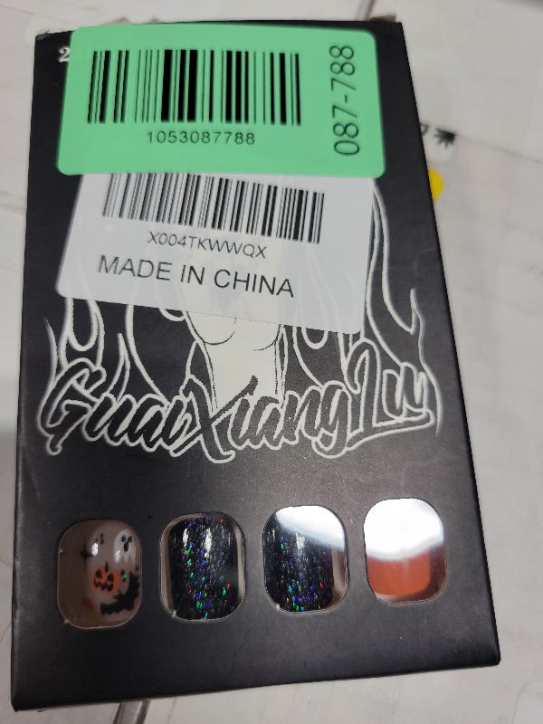 Photo 1 of 24Pcs Short Square Press on Nails Halloween Fake Nails Black and White Stripes Glue on Nails Orange Moon Star Bat Pumpkin Design Ghost Handmade Acrylic Nail for Women Decor Nail Art