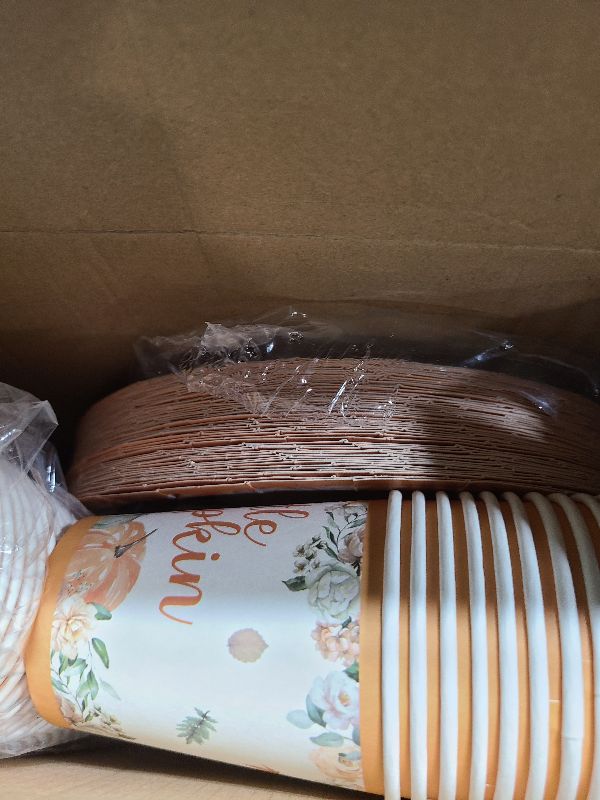 Photo 1 of 150 Pcs Little Pumpkin Baby Shower Party Decoration Set Serves 50 Fall Disposable Dinnerware Set Dinner Dessert Plates Cups Napkins Autumn Farm Tableware Thanksgiving Party Supplies