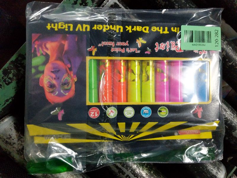 Photo 1 of 12 PCS Glow Face Body Paint, Glow In The Dark Under UV Black Light Sticks Makeup Neon Face Painting Kits for Adult Halloween Festival Accessory Glow Party Supplies