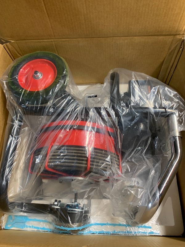 Photo 1 of VEVOR Drain Cleaner Machine 100FT x 3/8 Inch, Auto Feed Sewer Snake Auger on Wheels, 370W Portable Drain Cleaning Machine with 8 Cutters & Air-activated Foot Switch for 2" to 4" Pipes