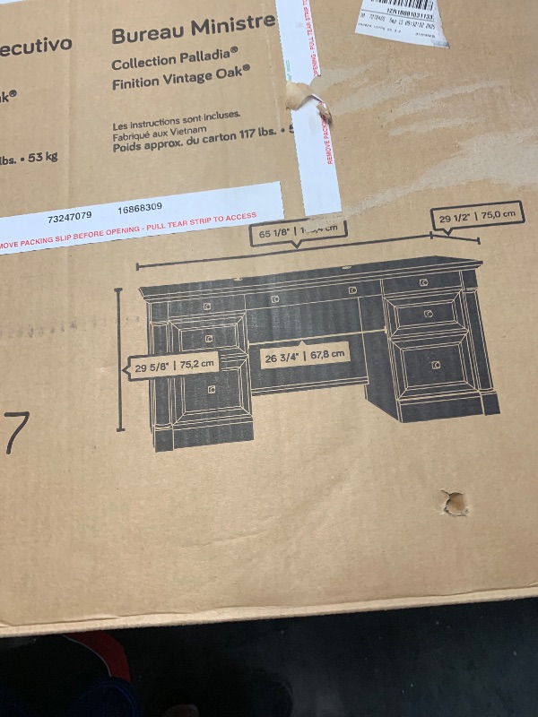 Photo 1 of ****BOX 1 of 2 ONLY****
Sauder Palladia Executive Desk, 29.5"D x 65.1"W x 29.61"H, Vintage Oak finish